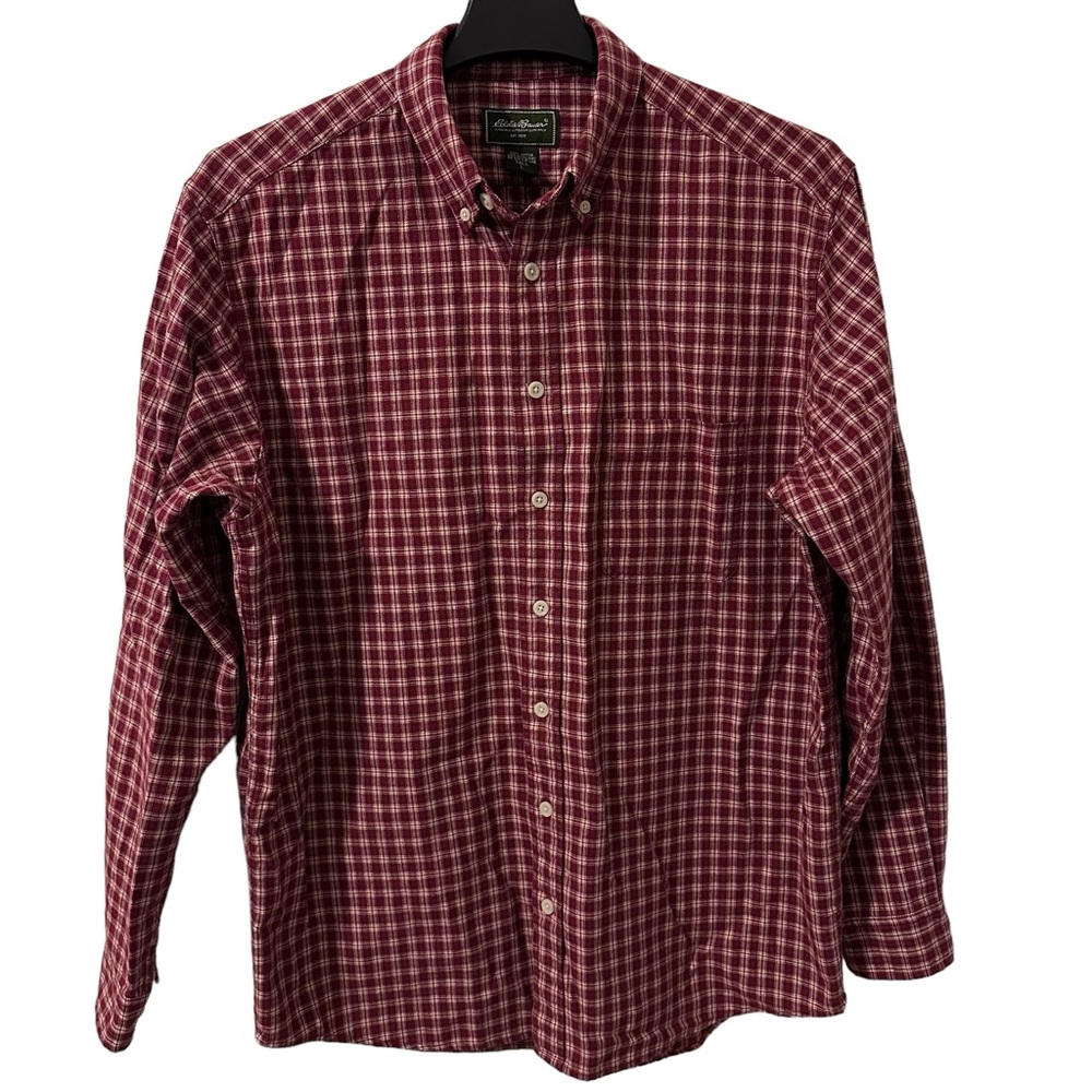 Eddie Bauer Mens Large Tall Shirt Red & Ivory Plaid Pocket Long Sleeve Flannel